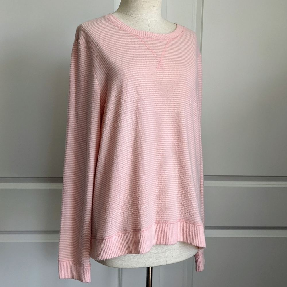 Lucky Brand Pullover Brushed Knit Crew Neck Long Sleeve Striped Pink White L NWT